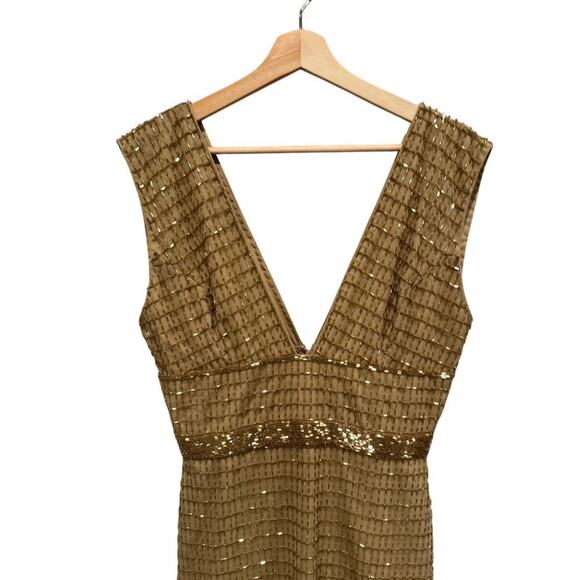 NWT Mac Duggal Gold Beaded Cap Sleeve V Neck 5625 Column Gown - Picture 5 of 13